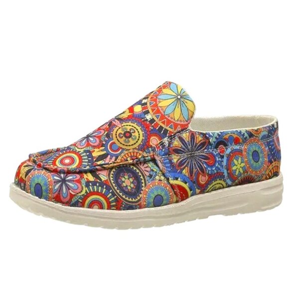 Womens Colorful Boho Floral Printed, Round Toe, Low Top Canvas, Casual Slip-On - Picture 1 of 3